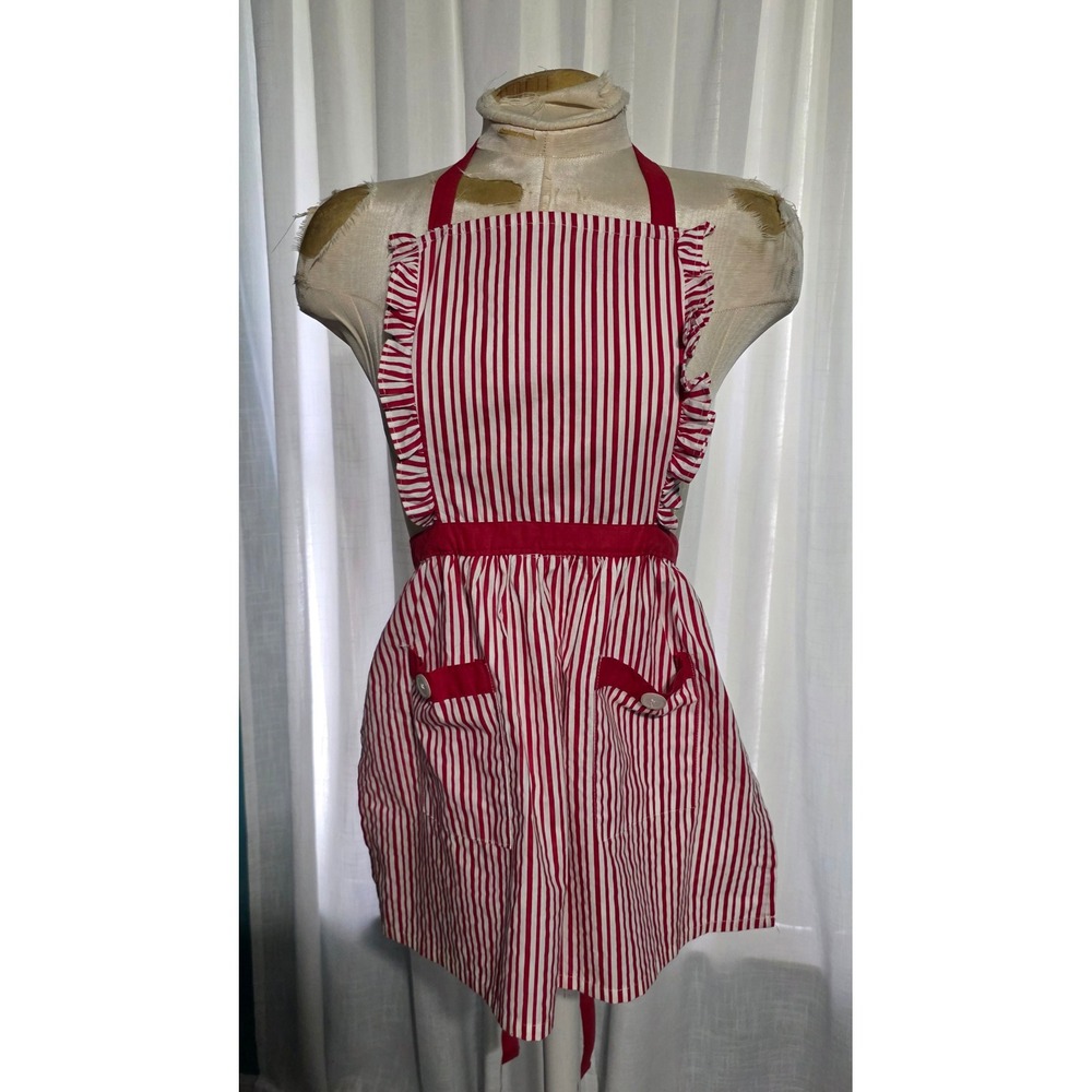 Whim by Martha Stewart Red White Striped Ruffle Cotton Apron with Pockets